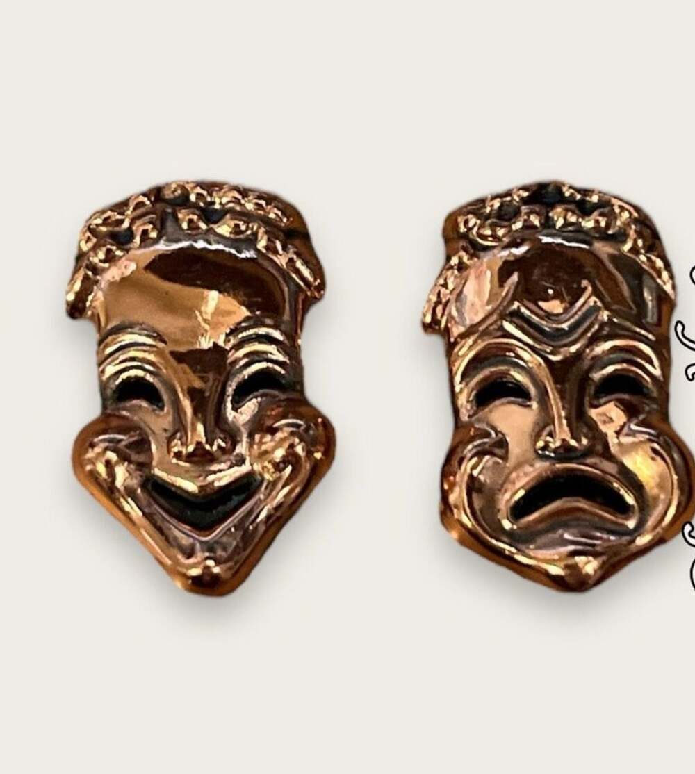 Renoir Marked Copper Drama Masks Clip-On Earrings